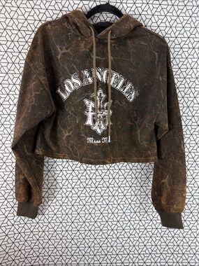 Miss Me Brown Marble-Wash Cropped Hoodie with Los Angeles Graphic